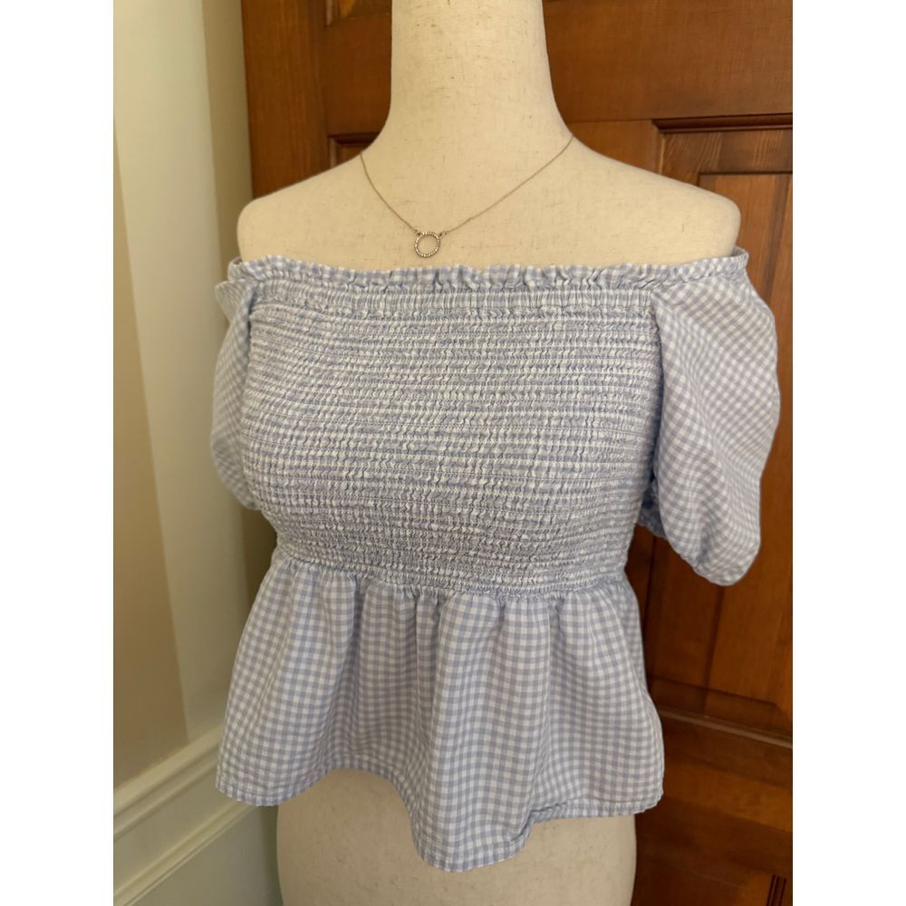 J. Crew Smocked Gingham Crop Top Womens Med Blue Off Shoulder Blouse Cottagecore